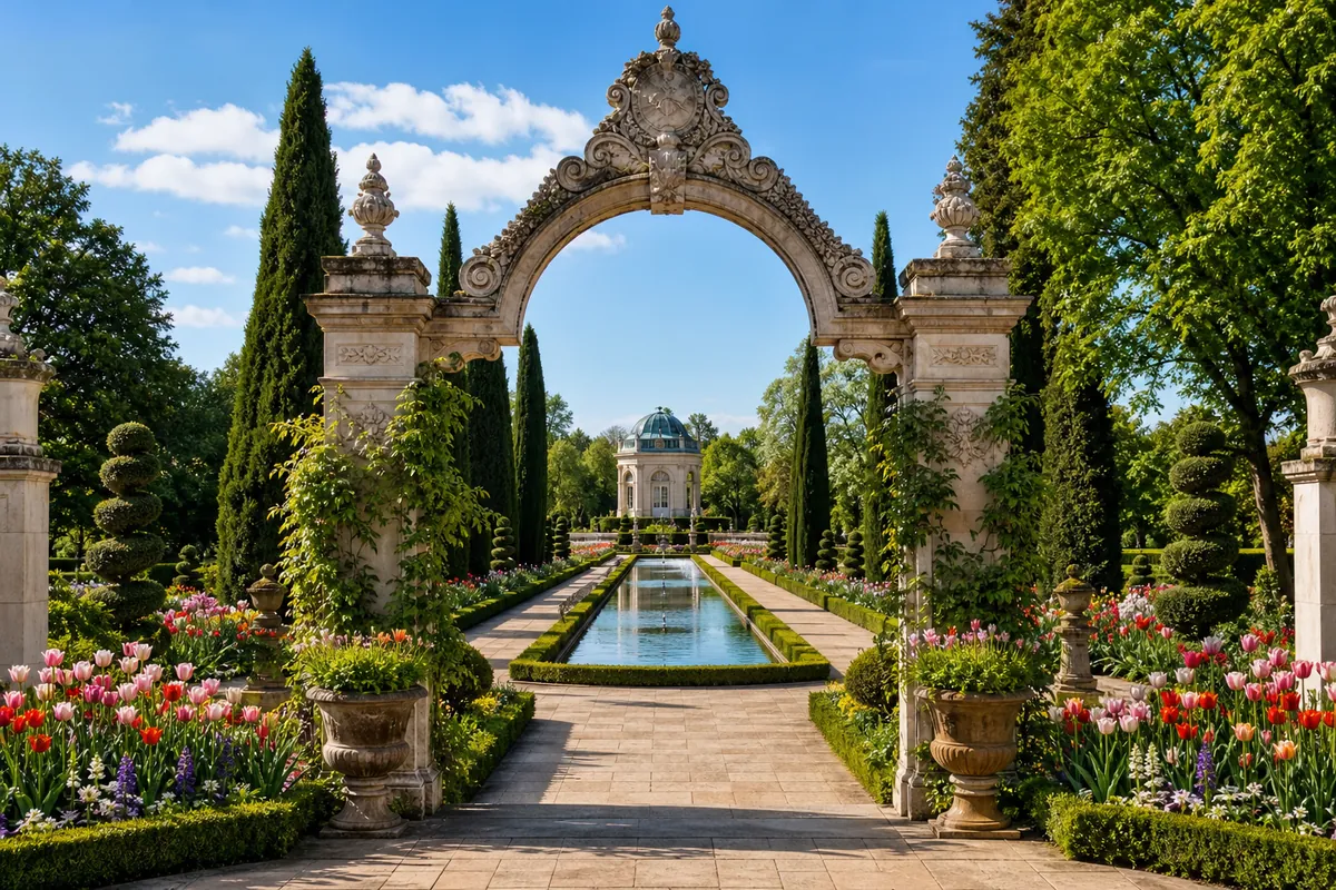 Symmetrical formal themed garden with hedges, a reflecting pond and a stone archway at Hamilton Gardens