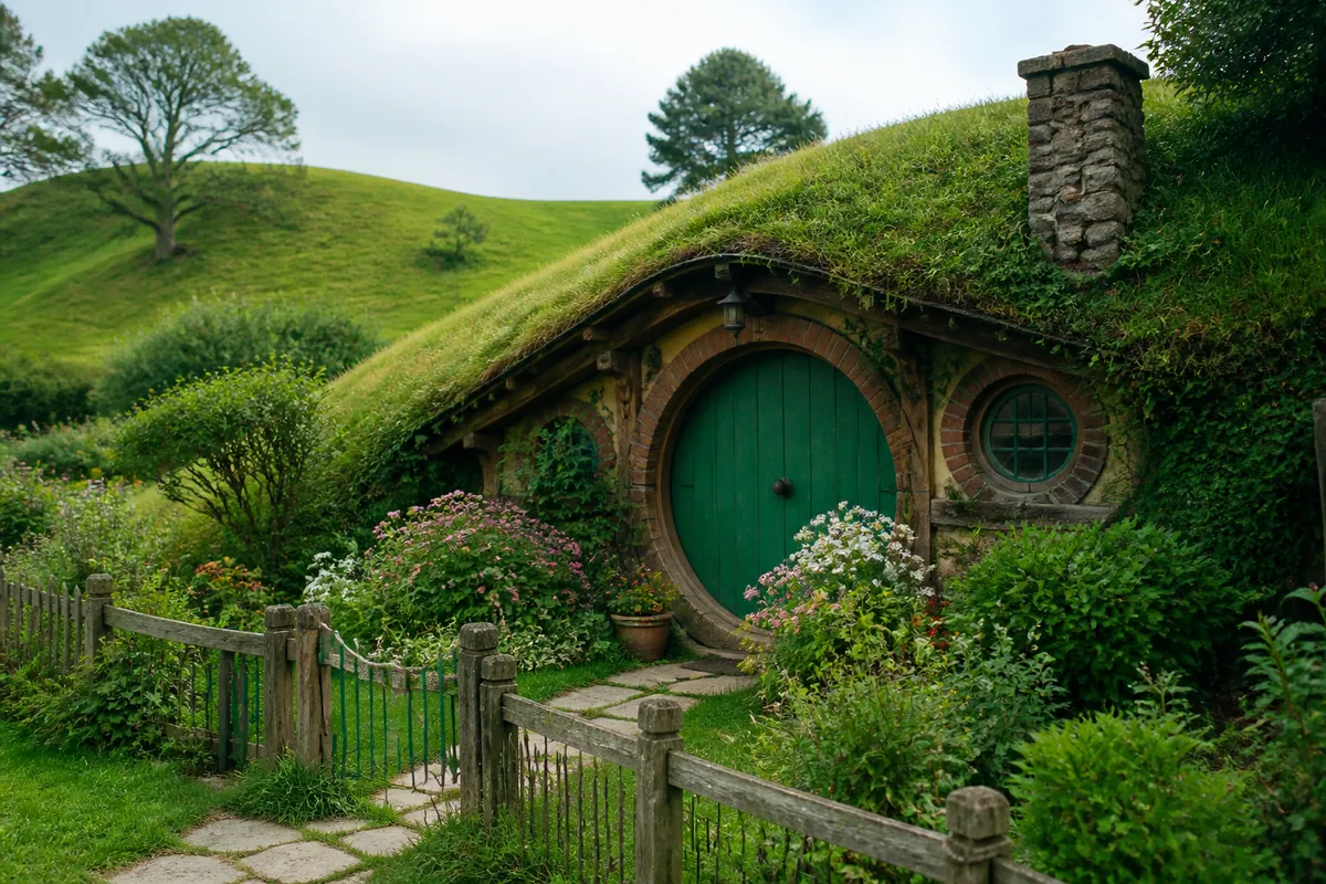 A round green hobbit-hole door in a flowering garden set into a grassy Waikato hillside