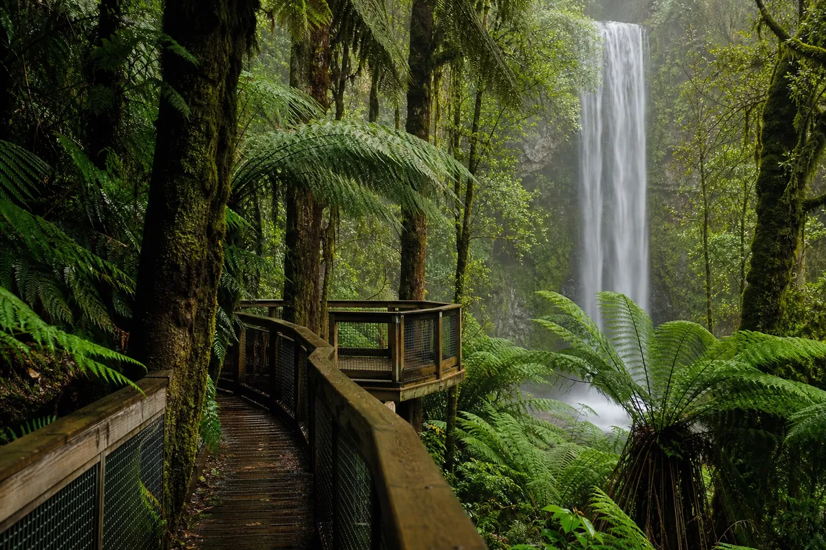 A wooden forest walkway among giant tree ferns leading toward a misty waterfall