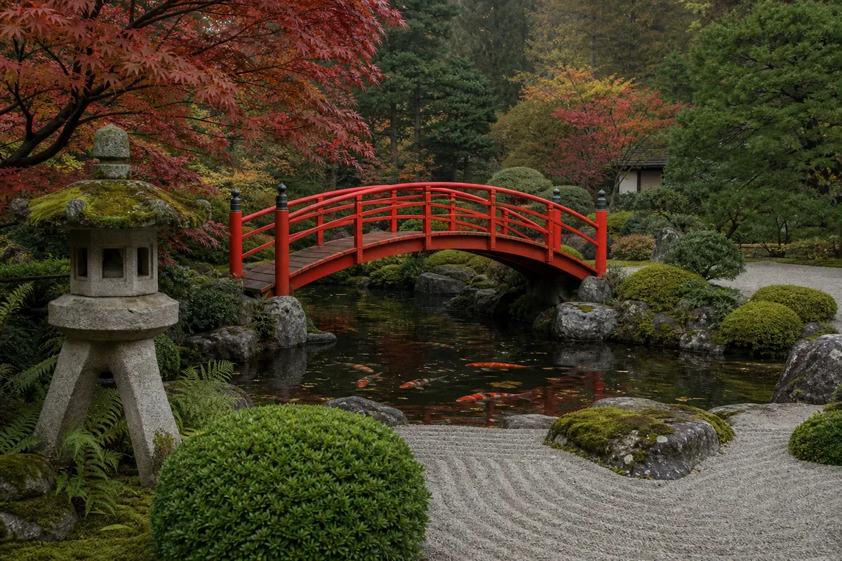 A red arched bridge over a koi pond in a Japanese-style garden with a maple and stone lantern