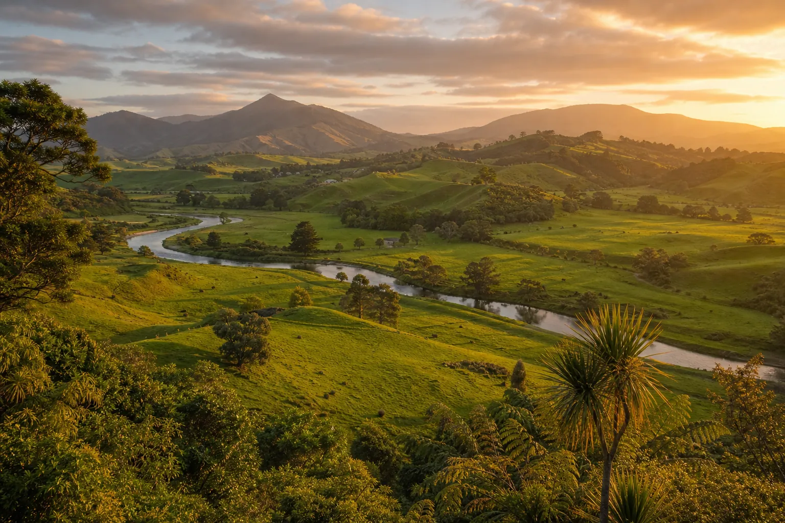 Rolling emerald-green Waikato hills and a winding river at golden hour