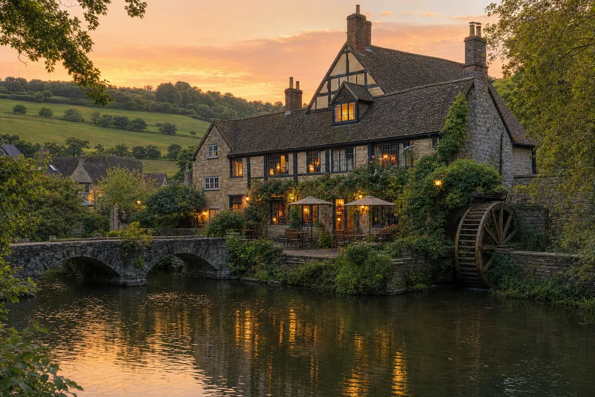 The Green Dragon Inn beside a millpond at dusk, with a water wheel and stone bridge