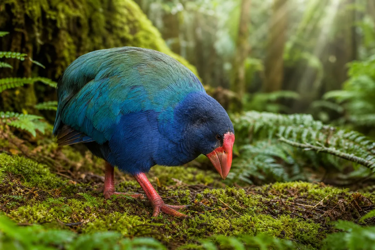 A rare takahe, a large blue-green flightless bird with a red beak, foraging on a mossy forest floor